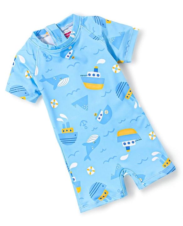 Babyhug Half Sleeves Shark Print Legged Swimsuit - Blue