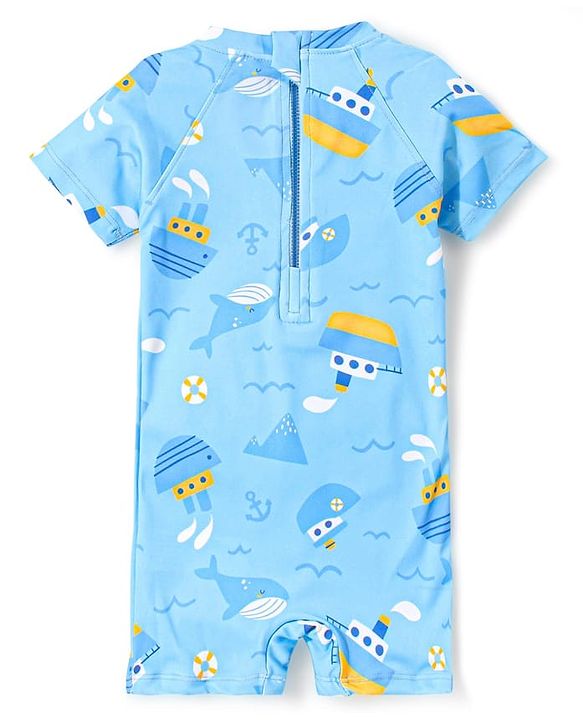 Babyhug Half Sleeves Shark Print Legged Swimsuit - Blue
