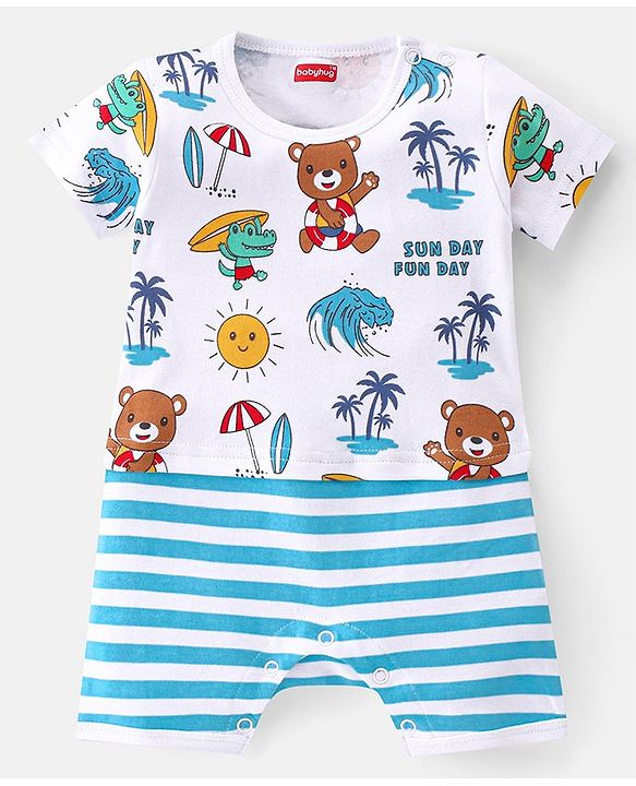 Babyhug 100% Cotton Knit Half Sleeves Striped Romper with Beach Theme - Blue & White