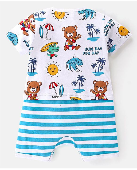 Babyhug 100% Cotton Knit Half Sleeves Striped Romper with Beach Theme - Blue & White