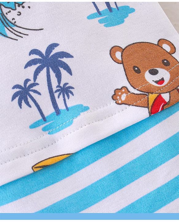 Babyhug 100% Cotton Knit Half Sleeves Striped Romper with Beach Theme - Blue & White