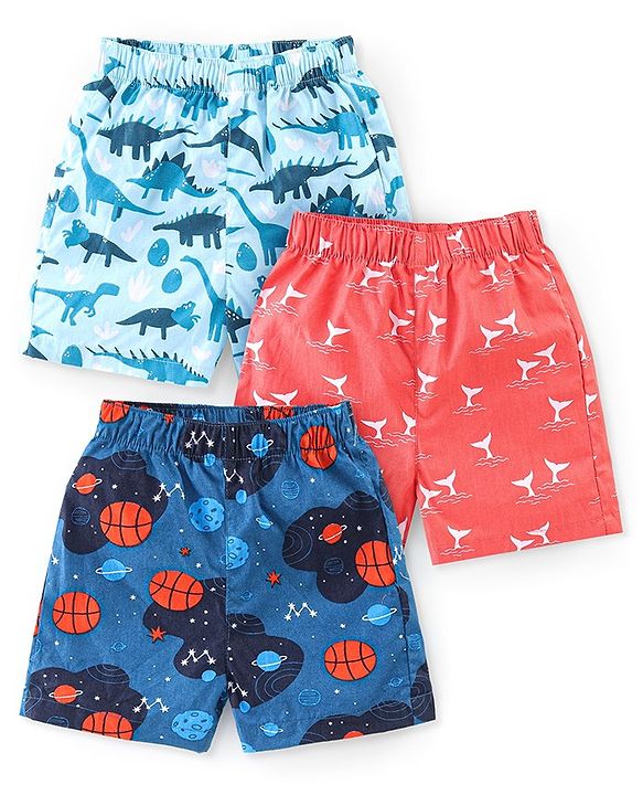 Babyhug Cotton Poplin Woven Boxer Dino & Basketball Print Pack of 3 - Multicolor