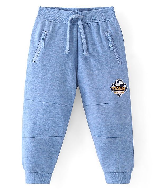 Babyhug Cotton Looper Knit Full Length Track Pant Soccer Ball Print - Blue