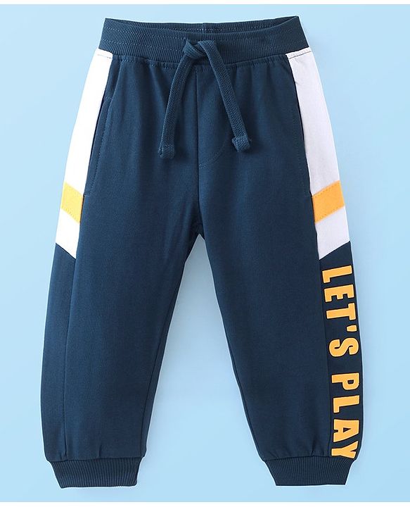 Babyhug Cotton Looper Full Length Lounge Pant With Text Print - Navy Blue