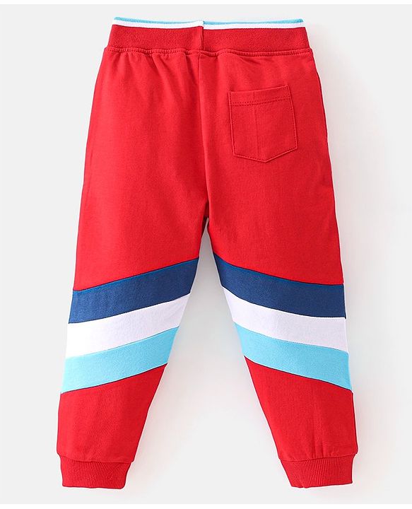 Babyhug Cotton Looper Full Length Striped Track Pants - Red