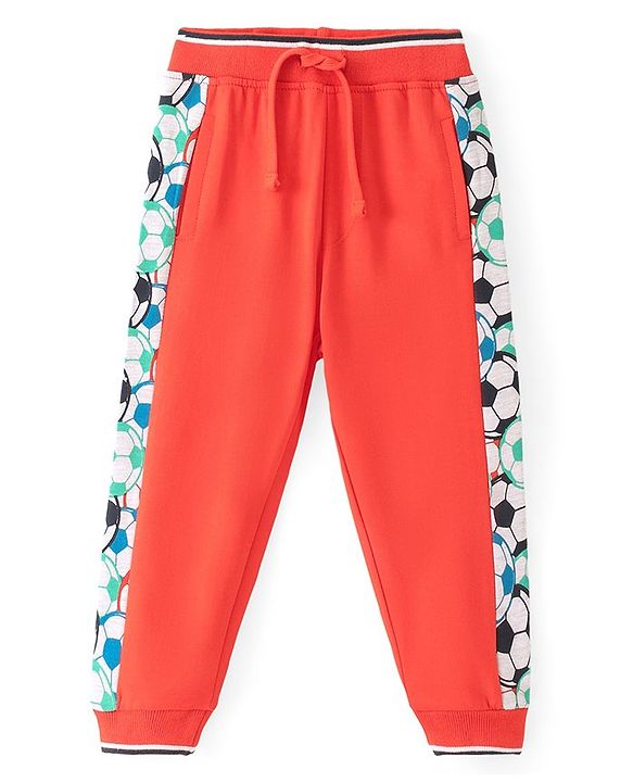 Babyhug Cotton Knit Full Length Lounge Pant With Football Print - Red