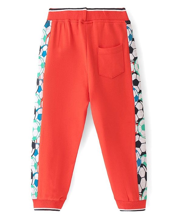 Babyhug Cotton Knit Full Length Lounge Pant With Football Print - Red