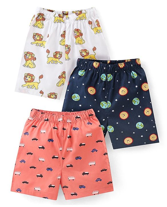 Babyhug Cotton Woven Regular Boxers Lion & Car Print Pack of 3 - White Navy & Pink