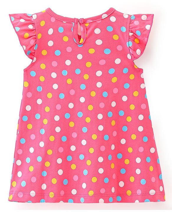 Babyhug Cotton Knit Flutter Sleeve Nighty with Polka Dots - Pink