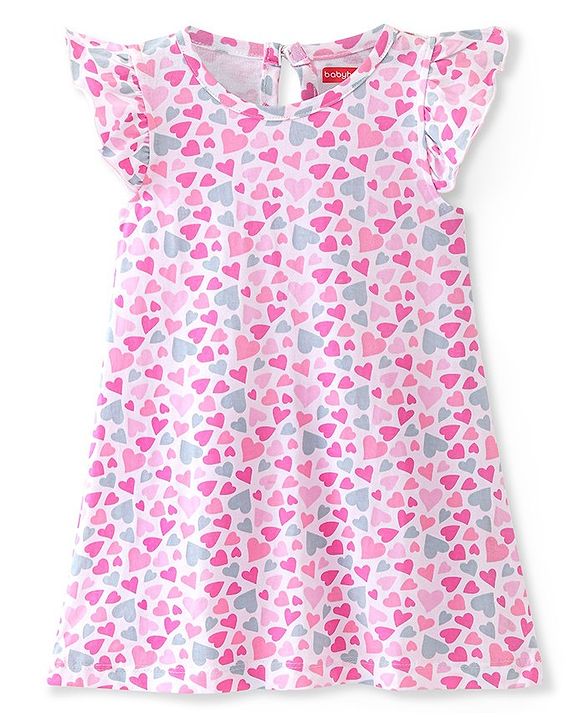 Babyhug Cotton Knit Flutter Sleeves Nighty with Heart Print - Pink