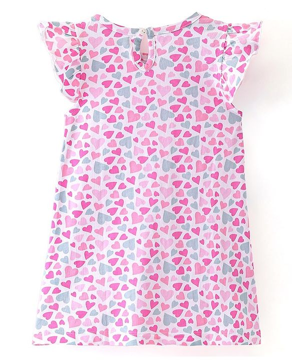 Babyhug Cotton Knit Flutter Sleeves Nighty with Heart Print - Pink