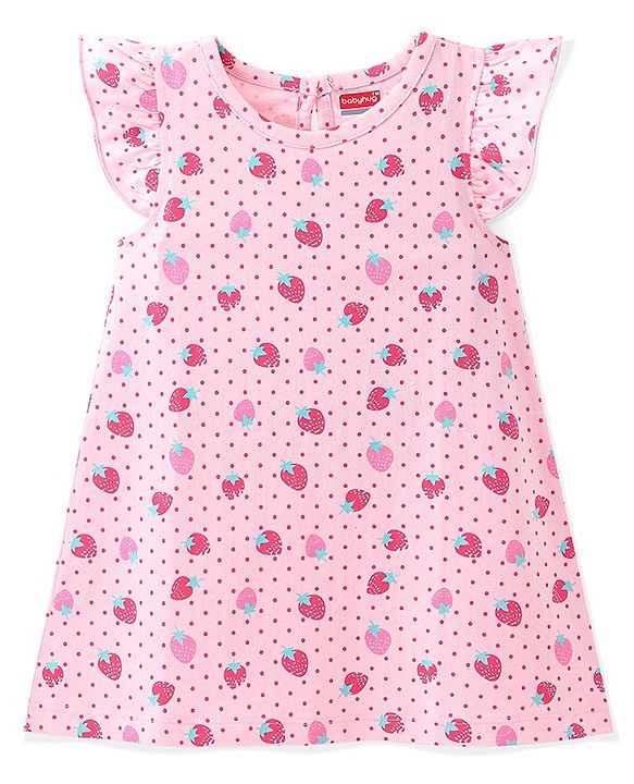 Babyhug Single Jersey Knit Half Sleeves Gown Strawberry Printed - Pink