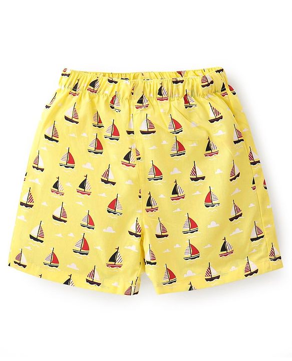 Babyhug Cotton Woven Regular Boxers Cars & Boats Print Pack of 3 - Blue Pink & Yellow