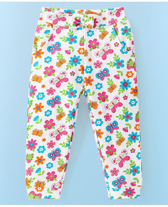 Babyhug Cotton Looper Knit Full Length Lounge Pant With Floral Print - White