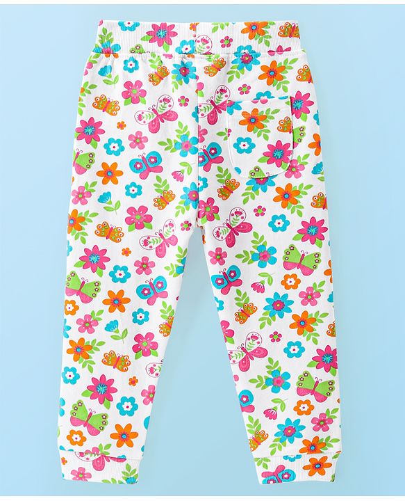 Babyhug Cotton Looper Knit Full Length Lounge Pant With Floral Print - White