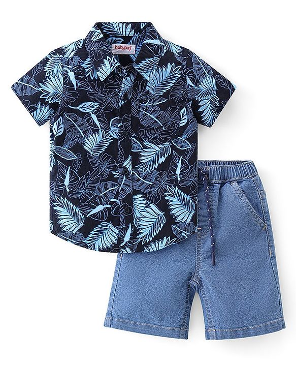 Babyhug Cotton Woven Half Sleeves Shirt & Denim Shorts Set Leaf Print - Blue