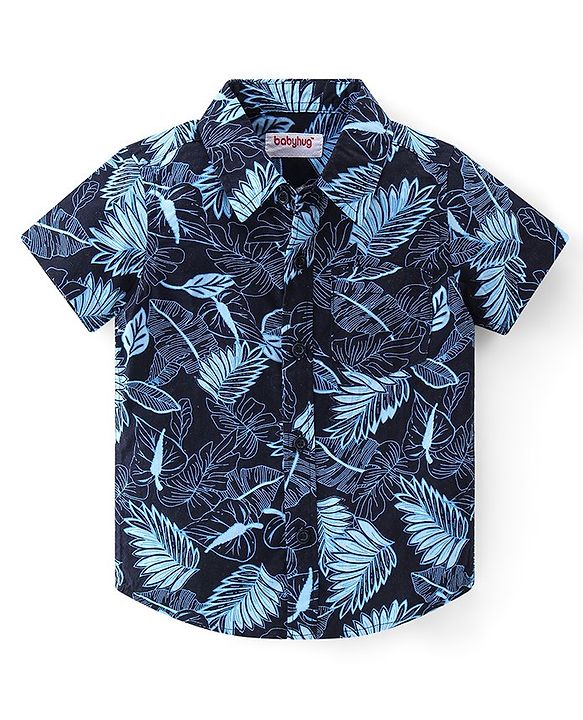 Babyhug Cotton Woven Half Sleeves Shirt & Denim Shorts Set Leaf Print - Blue