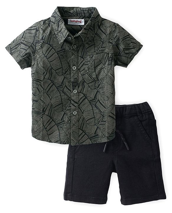 Babyhug Cotton Woven Half Sleeves Shirt & Denim Shorts With Abstract Print - Black