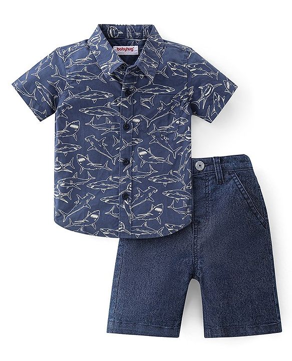 Babyhug Cotton Woven Half Sleeves Shirt & Denim Shorts With Shark Print - Navy Blue