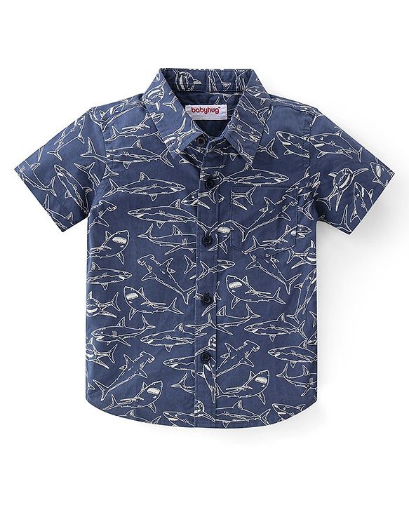 Babyhug Cotton Woven Half Sleeves Shirt & Denim Shorts With Shark Print - Navy Blue