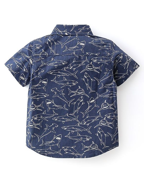 Babyhug Cotton Woven Half Sleeves Shirt & Denim Shorts With Shark Print - Navy Blue