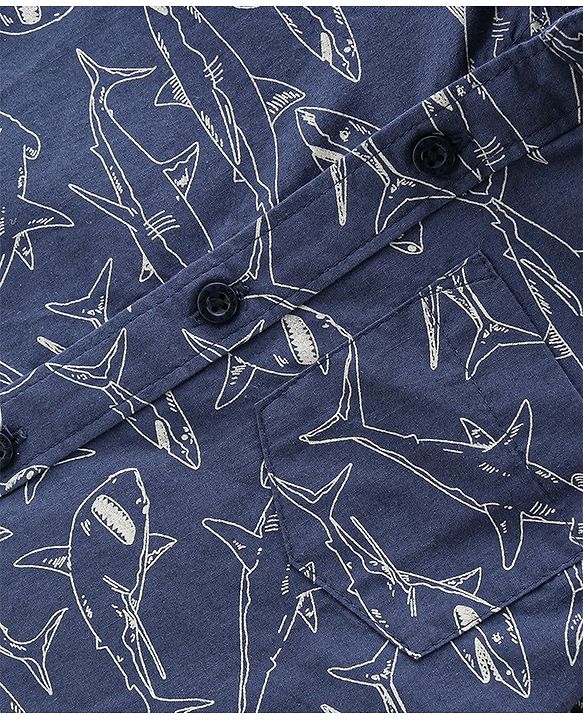 Babyhug Cotton Woven Half Sleeves Shirt & Denim Shorts With Shark Print - Navy Blue