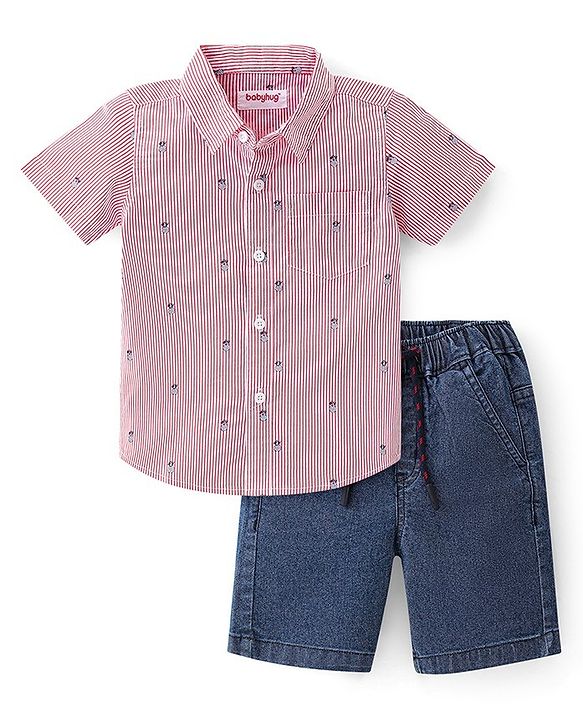 Babyhug Cotton Woven Half Sleeves Shirt & Denim Shorts With Striped - Pink & Blue