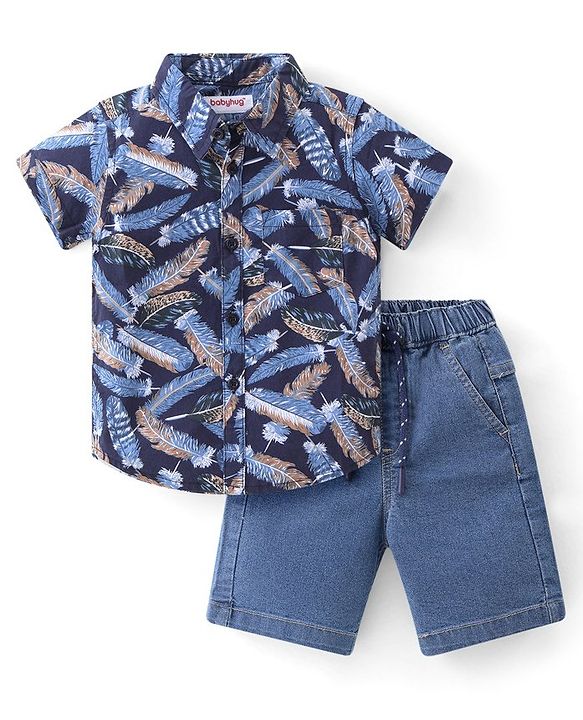 Babyhug Cotton Woven Half Sleeves Shirt & Denim Shorts With Feather - Navy Blue