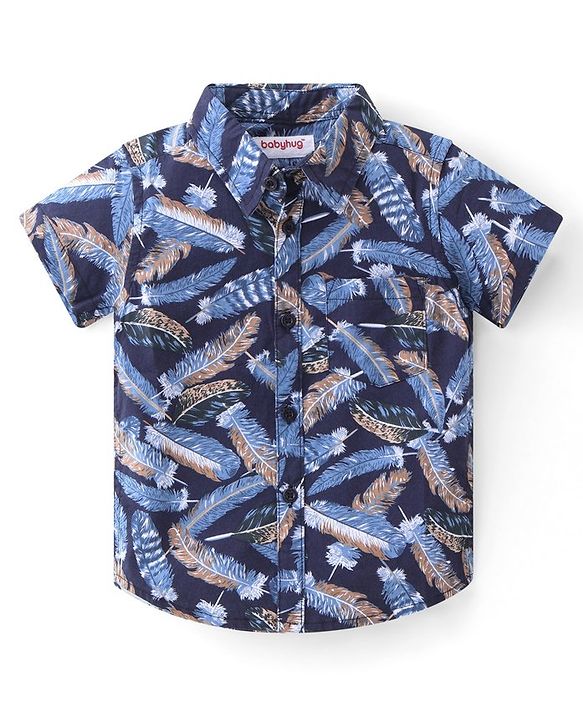 Babyhug Cotton Woven Half Sleeves Shirt & Denim Shorts With Feather - Navy Blue