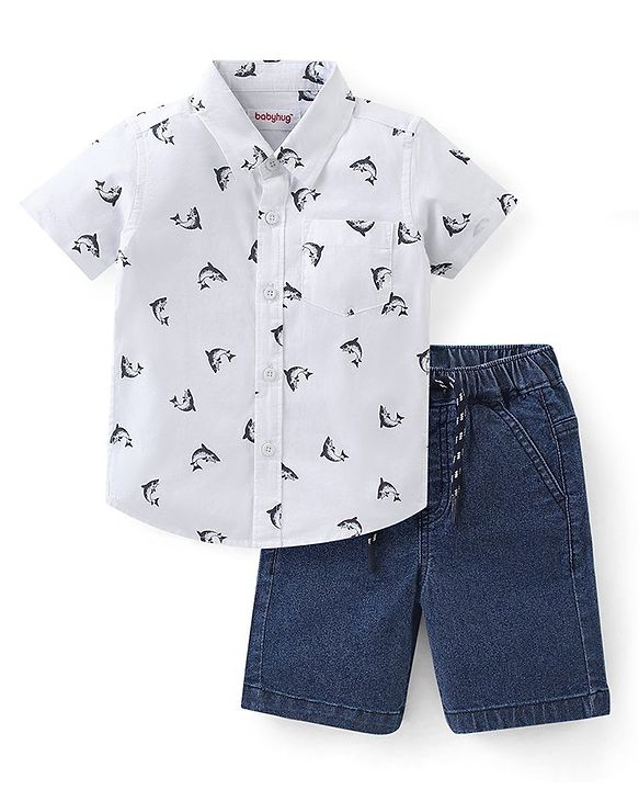 Babyhug Cotton Woven Half Sleeves Shirt and Denim Shorts Set Fish Print - White & Blue