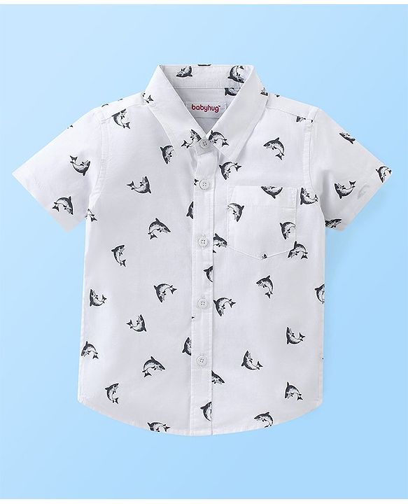 Babyhug Cotton Woven Half Sleeves Shirt and Denim Shorts Set Fish Print - White & Blue