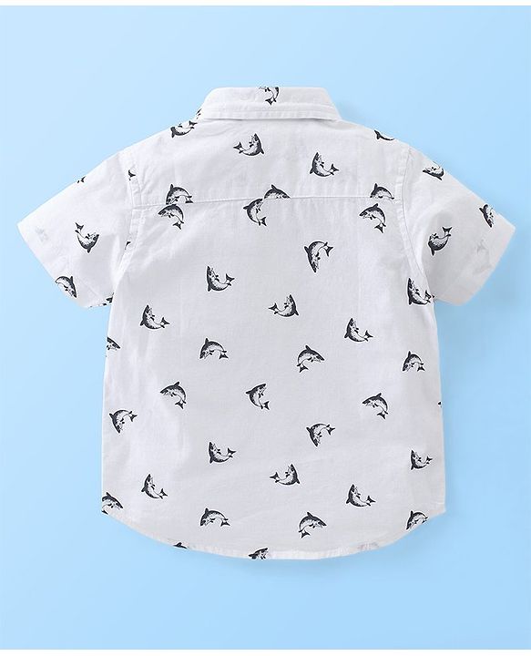 Babyhug Cotton Woven Half Sleeves Shirt and Denim Shorts Set Fish Print - White & Blue