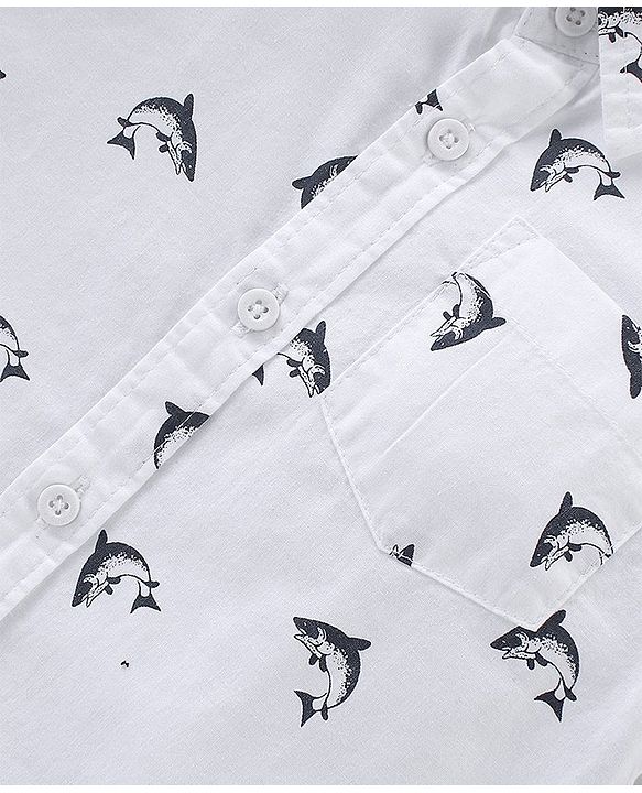 Babyhug Cotton Woven Half Sleeves Shirt and Denim Shorts Set Fish Print - White & Blue