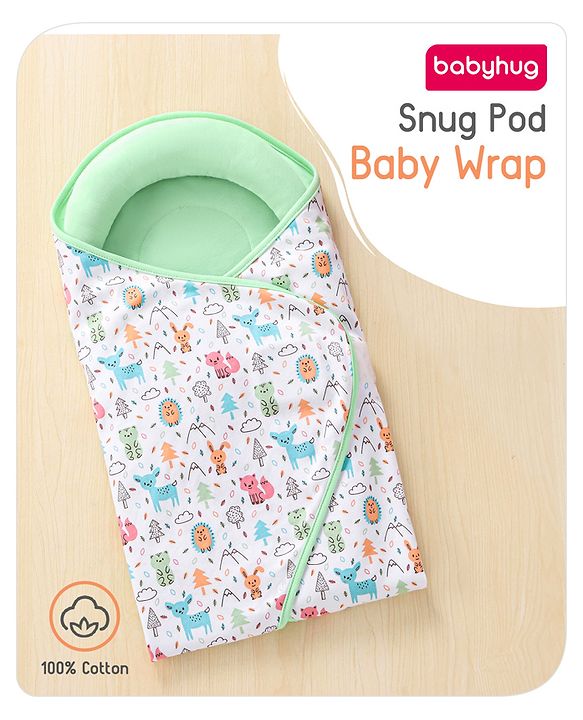 Babyhug Premium Cotton Snug Pod Baby Wrap Animal Print- White & Green