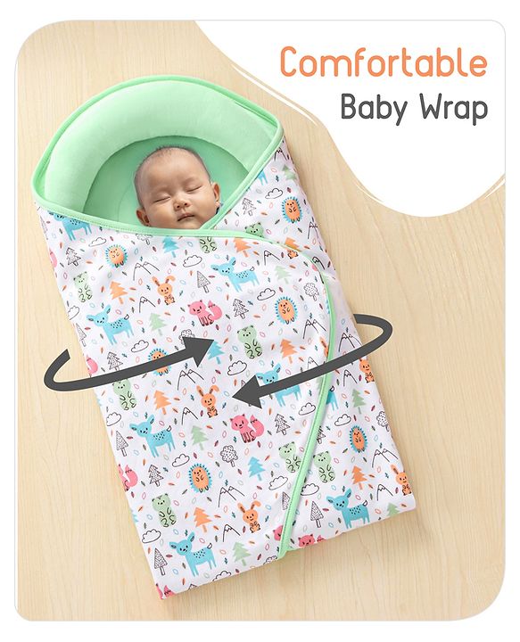 Babyhug Premium Cotton Snug Pod Baby Wrap Animal Print- White & Green