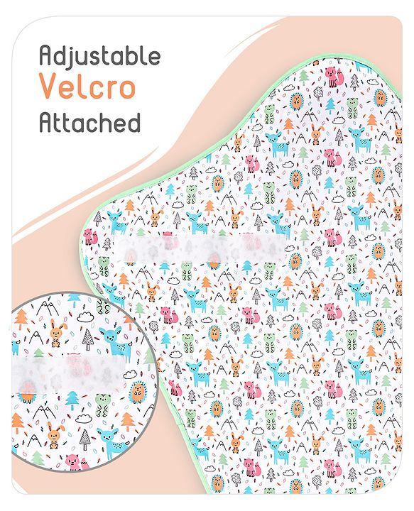 Babyhug Premium Cotton Snug Pod Baby Wrap Animal Print- White & Green