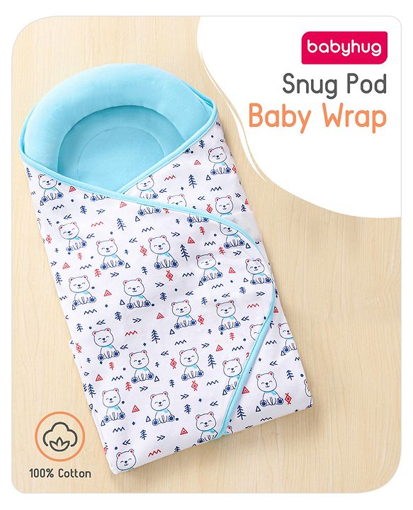 Babyhug Premium Cotton Snug Pod Baby Wrap Animal Print- White & Green