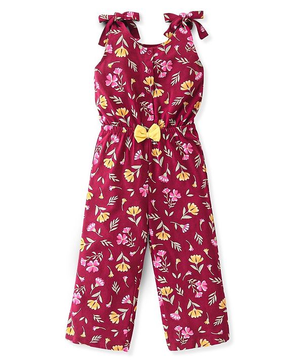Babyhug 100% Cotton Jersey Knit Shoulder Strap Jumpsuit with Bow Applique Floral Print - Maroon