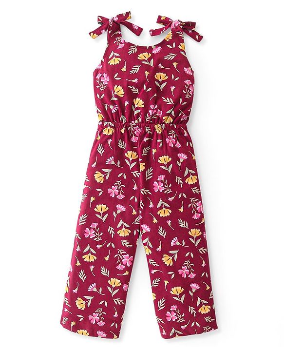 Babyhug 100% Cotton Jersey Knit Shoulder Strap Jumpsuit with Bow Applique Floral Print - Maroon