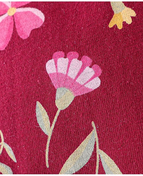 Babyhug 100% Cotton Jersey Knit Shoulder Strap Jumpsuit with Bow Applique Floral Print - Maroon