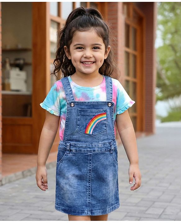 Babyhug Cotton Knit Half Sleeves T-Shirt &  Denim Frock Rainbow Tie & Die - Blue