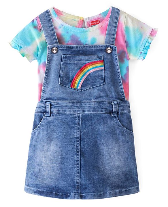Babyhug Cotton Knit Half Sleeves T-Shirt &  Denim Frock Rainbow Tie & Die - Blue