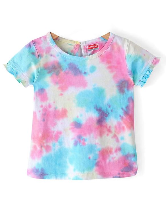 Babyhug Cotton Knit Half Sleeves T-Shirt &  Denim Frock Rainbow Tie & Die - Blue