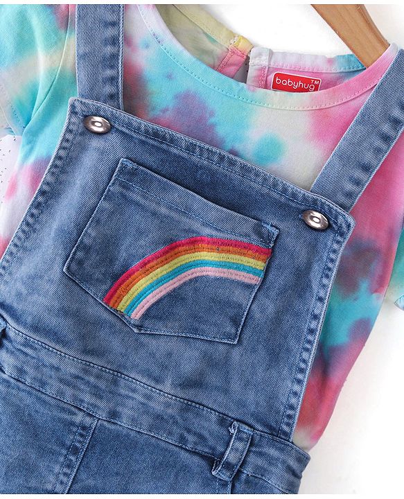 Babyhug Cotton Knit Half Sleeves T-Shirt &  Denim Frock Rainbow Tie & Die - Blue