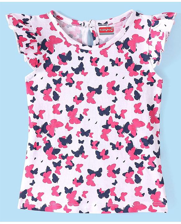 Babyhug Cotton Knit Frill Sleeves T-Shirt &  Denim Frock  Butterfly Print - Blue & Pink