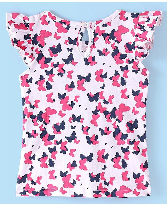 Babyhug Cotton Knit Frill Sleeves T-Shirt &  Denim Frock  Butterfly Print - Blue & Pink