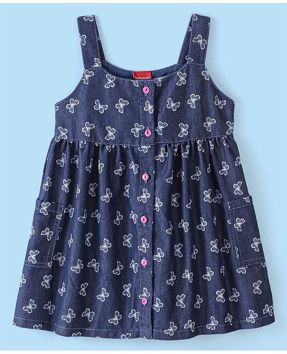 Babyhug Cotton Knit Frill Sleeves T-Shirt &  Denim Frock  Butterfly Print - Blue & Pink
