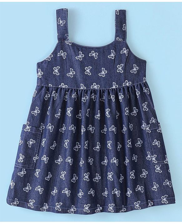 Babyhug Cotton Knit Frill Sleeves T-Shirt &  Denim Frock  Butterfly Print - Blue & Pink