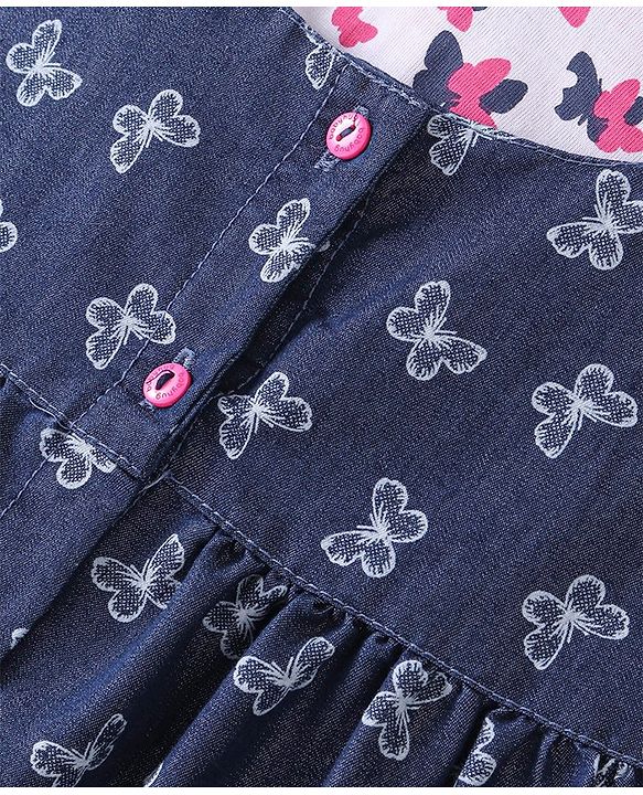 Babyhug Cotton Knit Frill Sleeves T-Shirt &  Denim Frock  Butterfly Print - Blue & Pink