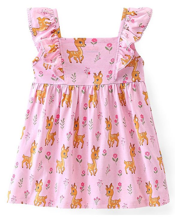 Babyhug Cotton Jersey Knit Sleeveless Frock Deer Print - Pink